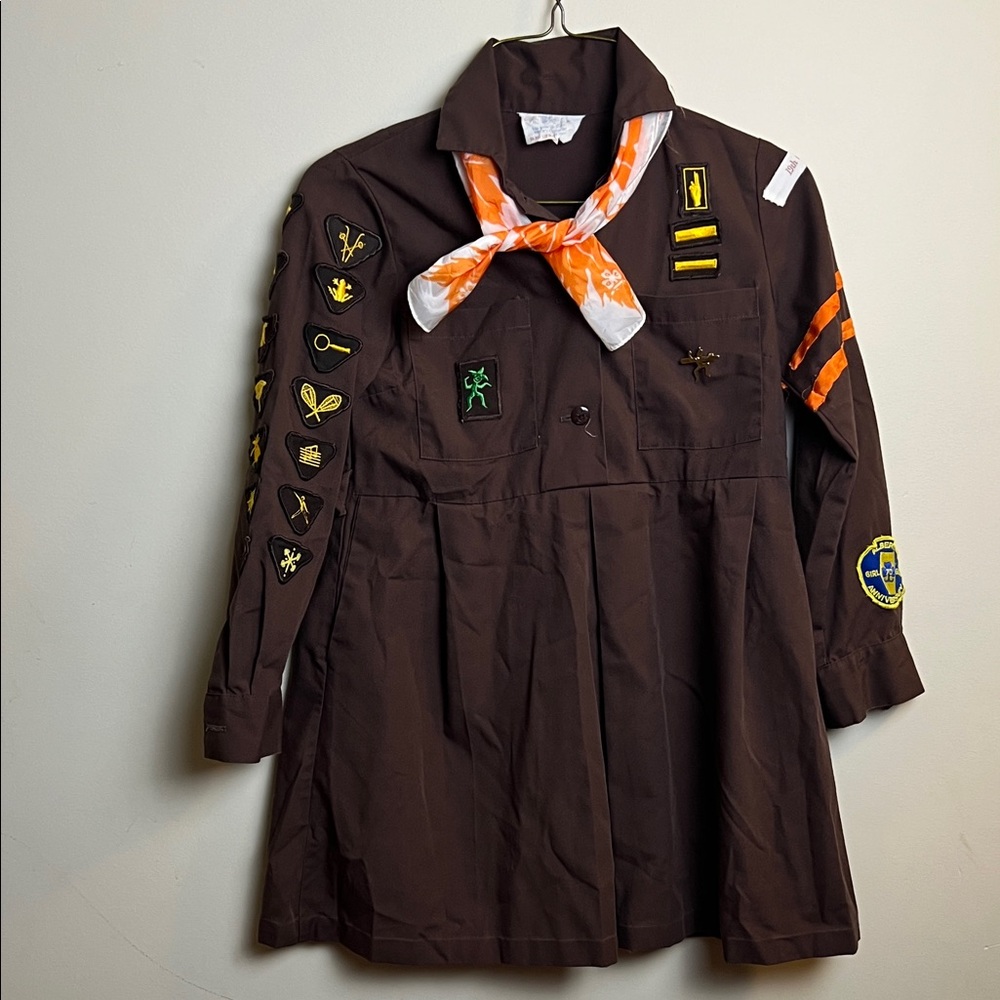 Vintage Girl Guides Brownie Uniform Dress with Patches and Orange Scarf & brooch